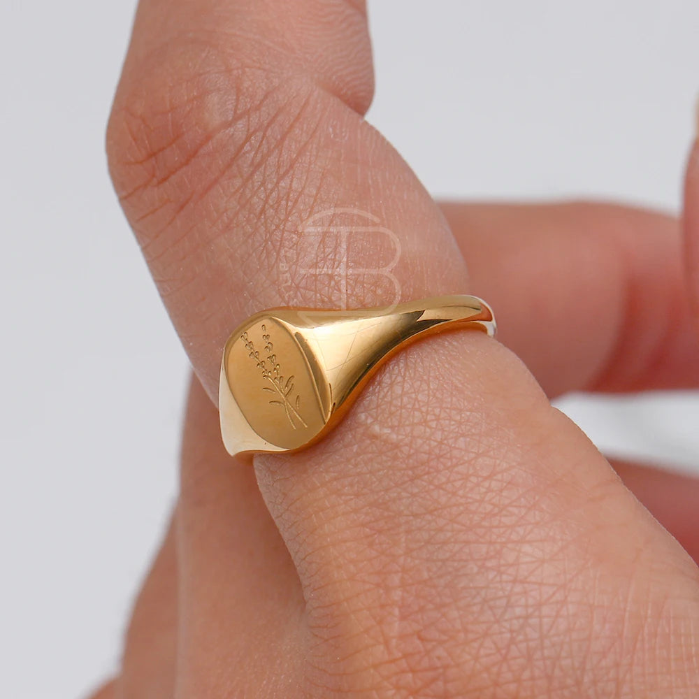 Handgraverad Ring med Gravyr av Vilda Blommor, Teblad, Lavendel eller Solros