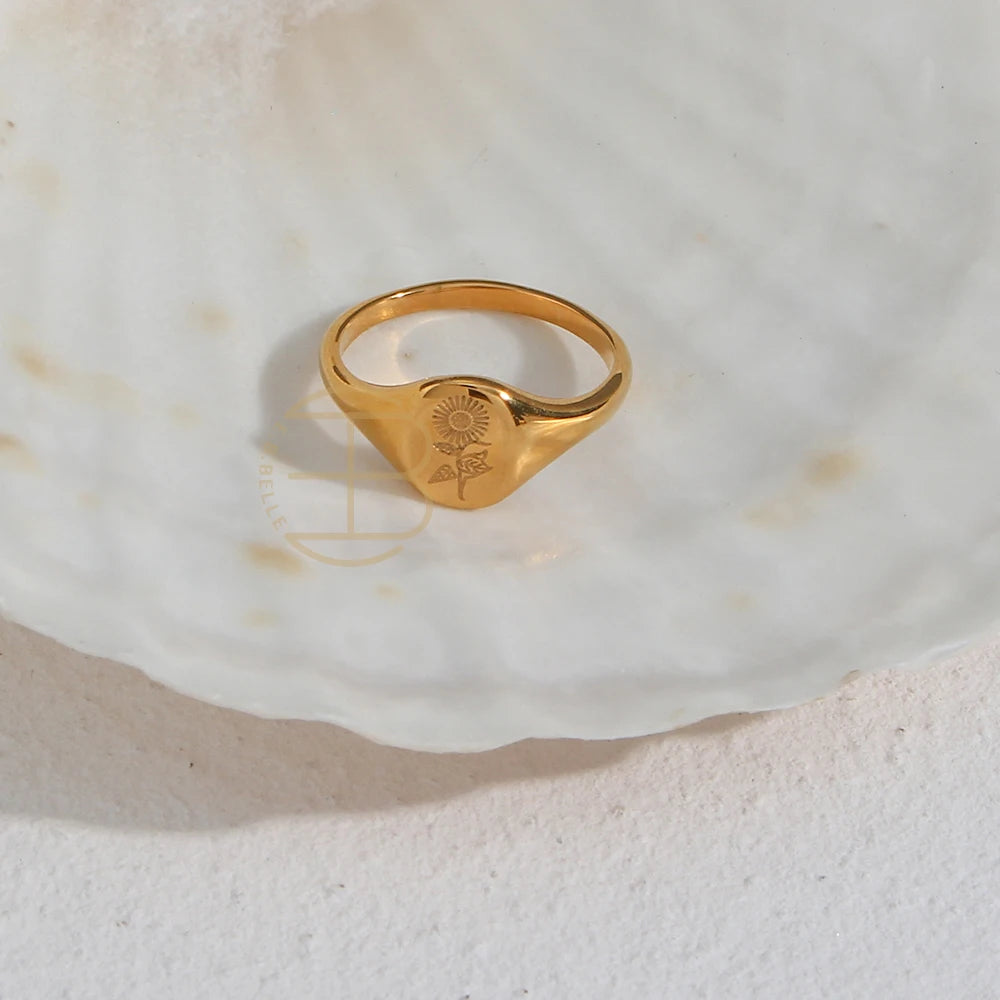 Handgraverad Ring med Gravyr av Vilda Blommor, Teblad, Lavendel eller Solros