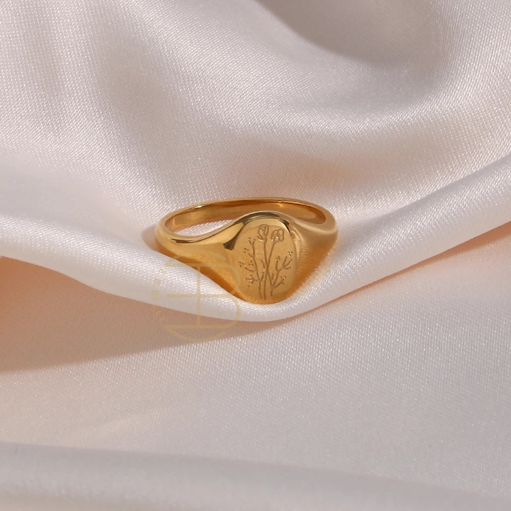 Handgraverad Ring med Gravyr av Vilda Blommor, Teblad, Lavendel eller Solros