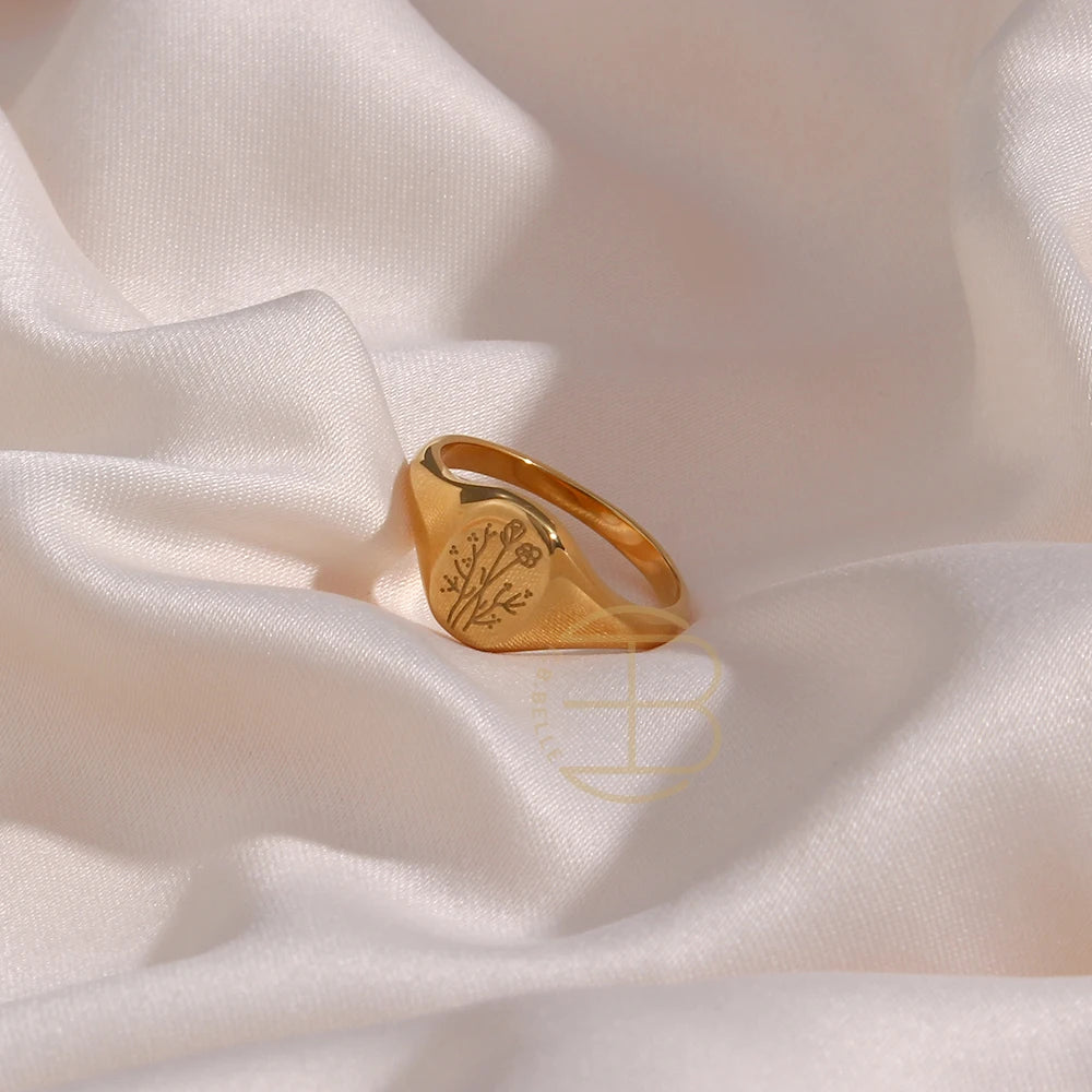 Handgraverad Ring med Gravyr av Vilda Blommor, Teblad, Lavendel eller Solros
