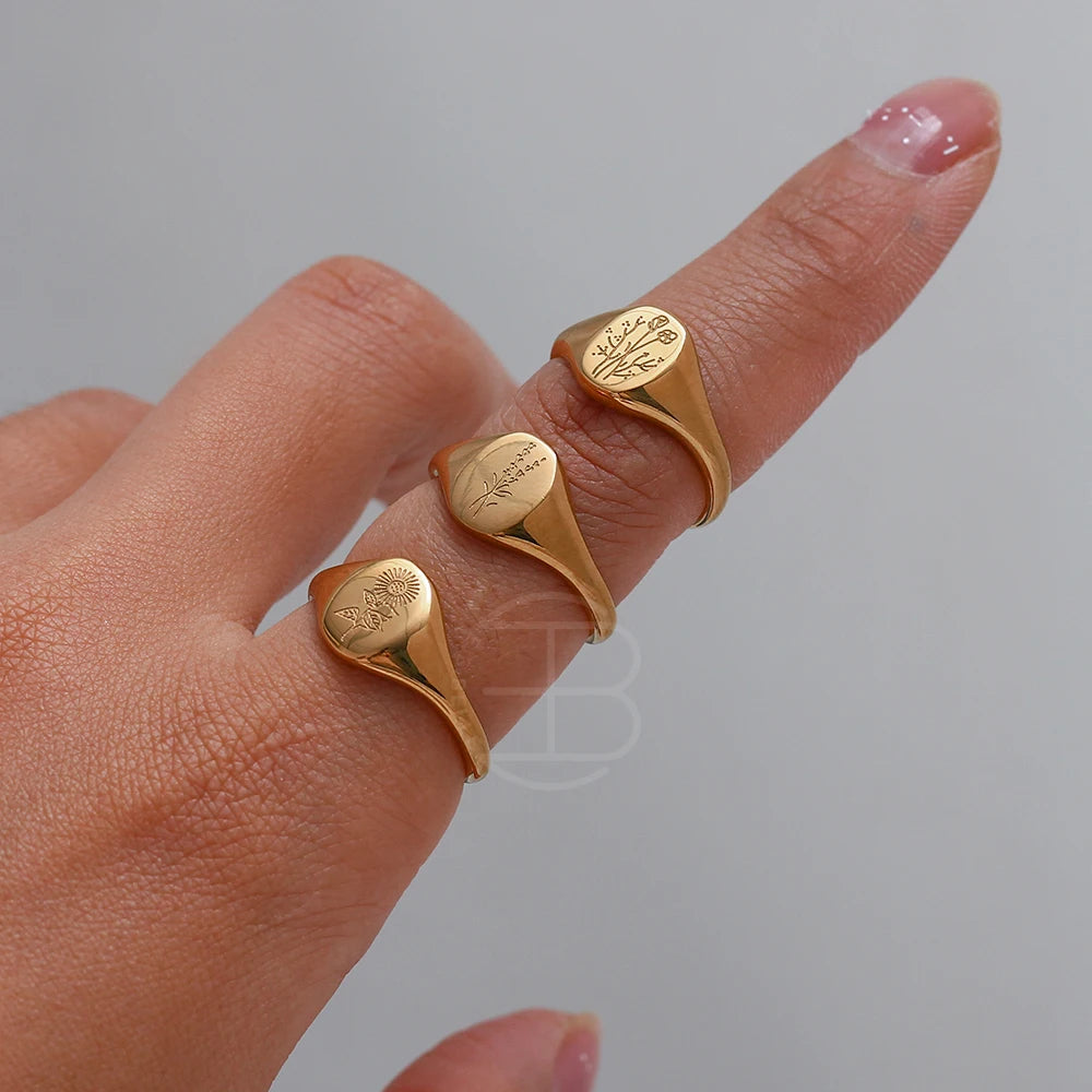 Handgraverad Ring med Gravyr av Vilda Blommor, Teblad, Lavendel eller Solros