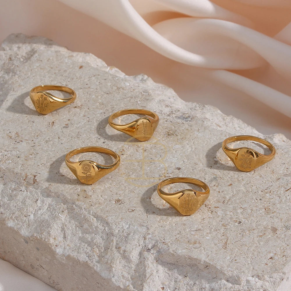 Handgraverad Ring med Gravyr av Vilda Blommor, Teblad, Lavendel eller Solros