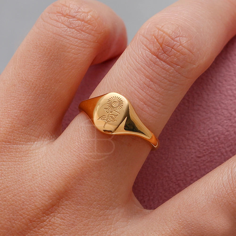 Handgraverad Ring med Gravyr av Vilda Blommor, Teblad, Lavendel eller Solros