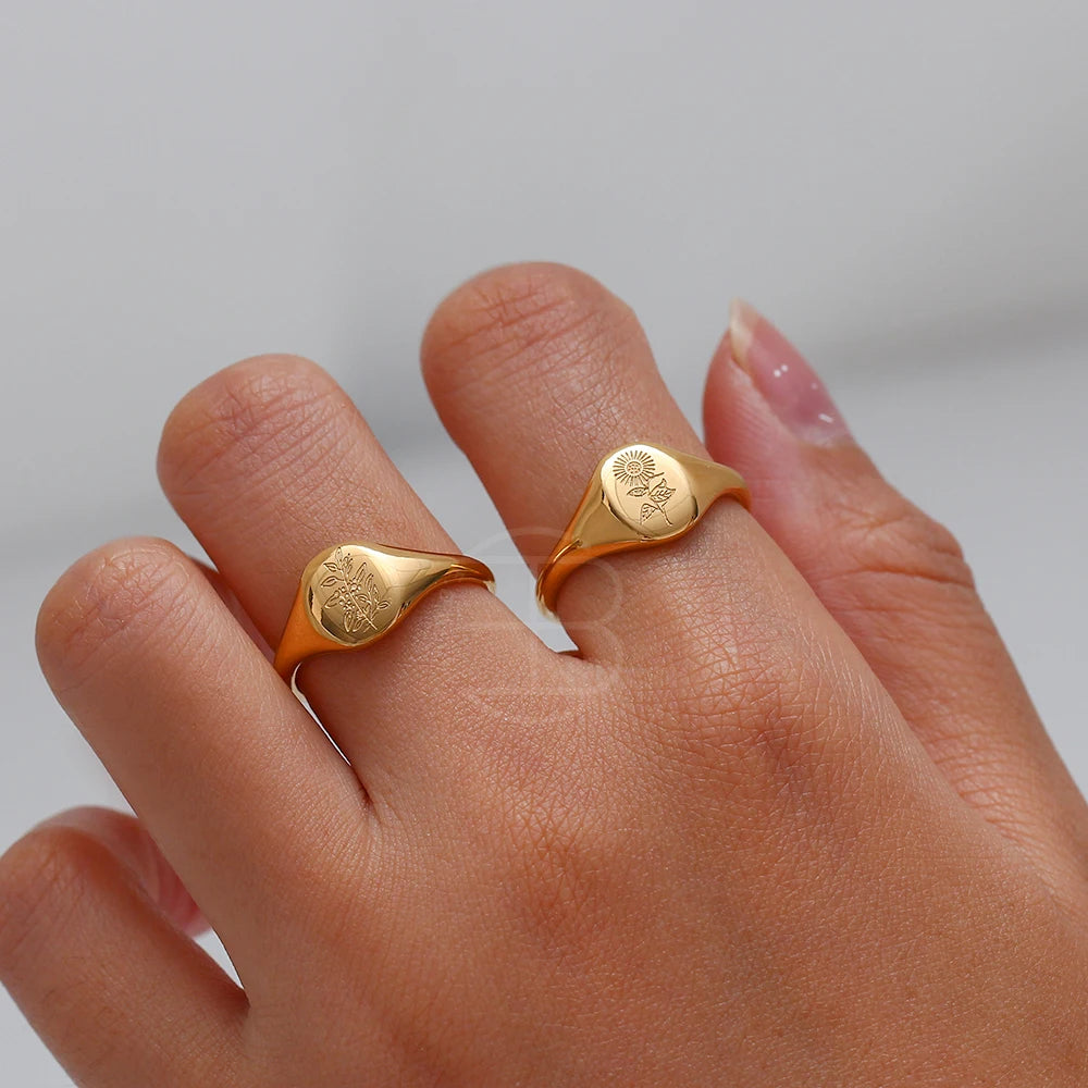Handgraverad Ring med Gravyr av Vilda Blommor, Teblad, Lavendel eller Solros