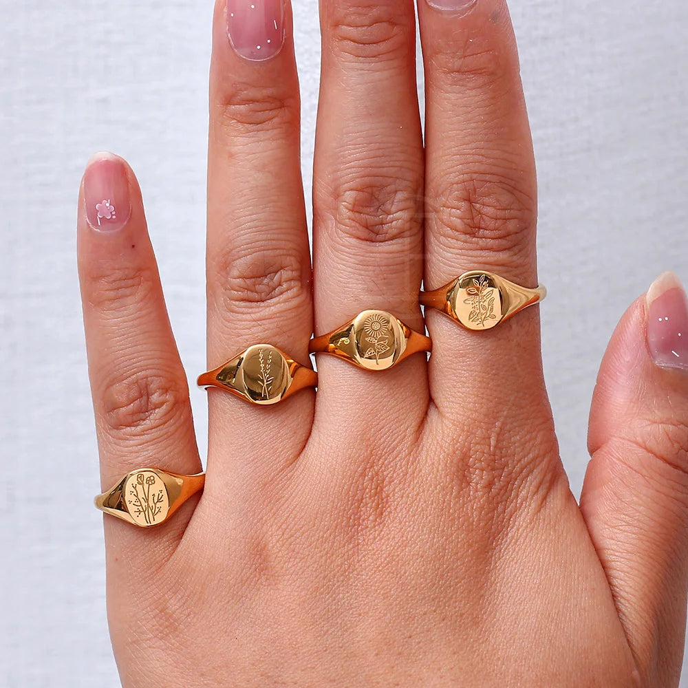 Handgraverad Ring med Gravyr av Vilda Blommor, Teblad, Lavendel eller Solros