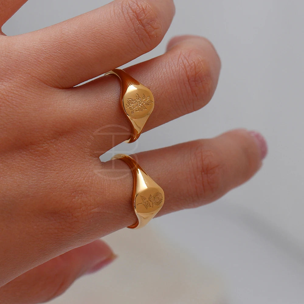 Handgraverad Ring med Gravyr av Vilda Blommor, Teblad, Lavendel eller Solros