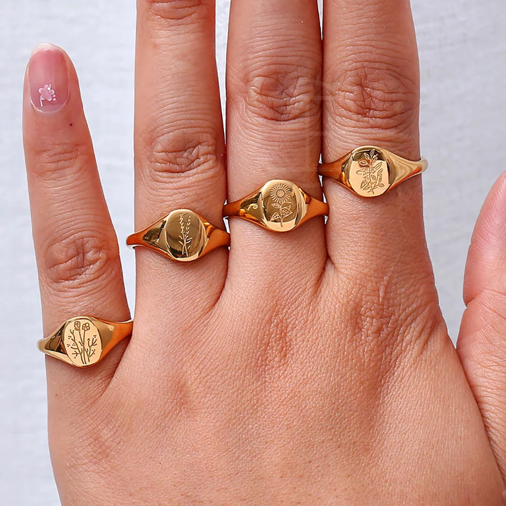 Handgraverad Ring med Gravyr av Vilda Blommor, Teblad, Lavendel eller Solros