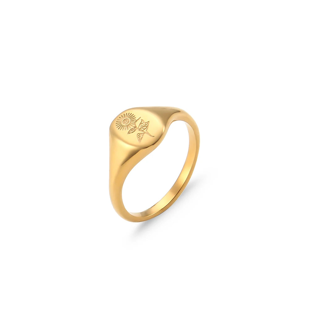 Handgraverad Ring med Gravyr av Vilda Blommor, Teblad, Lavendel eller Solros